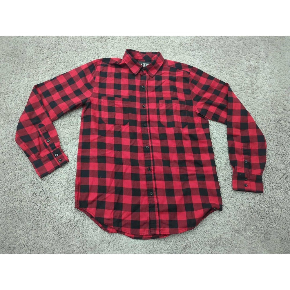 XXX Rude Button Up‎ Shirt Mens Medium Red Check Flannel Long Sleeve Classic